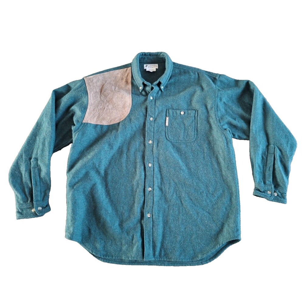 Vtg Columbia Wool shirt XXL Shooting Hunting Outdoors Shoulder Leather Patch XL